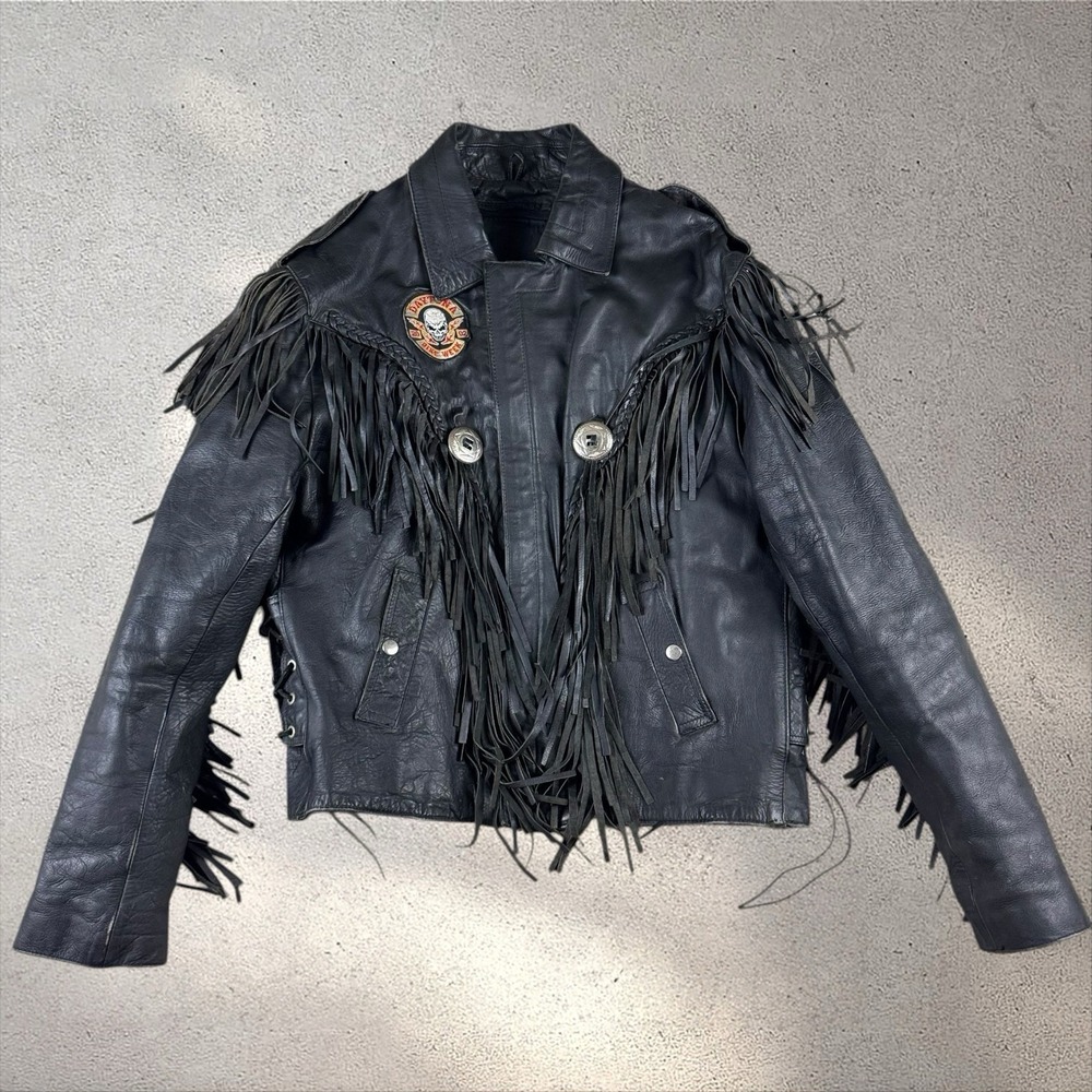 Vintage Shaf Front Leather Biker Jacket Size 46 Harley Patches Motorcycle Club - Picture 2 of 12